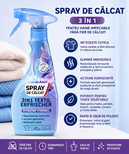 Spray de Călcat 3 în 1 Netezește hainele și elimină cutele în câteva secunde fără fier de călcat.